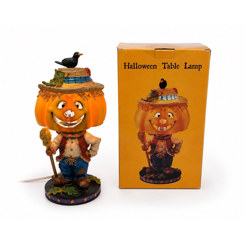 Halloween Scarecrow Pumpkin Table Lamp Bat Cutouts Crow Original Box Granny core